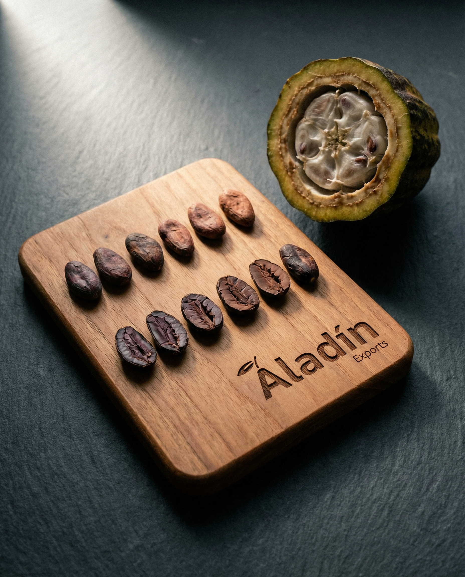 Fine flavor cacao export sample — bean and processed formats, Aladin Exports
