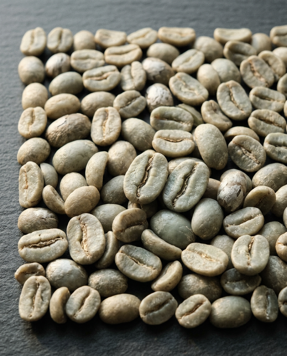 Specialty Arabica coffee close-up — green beans SCA 87+, Cajamarca & San Martin, Peru