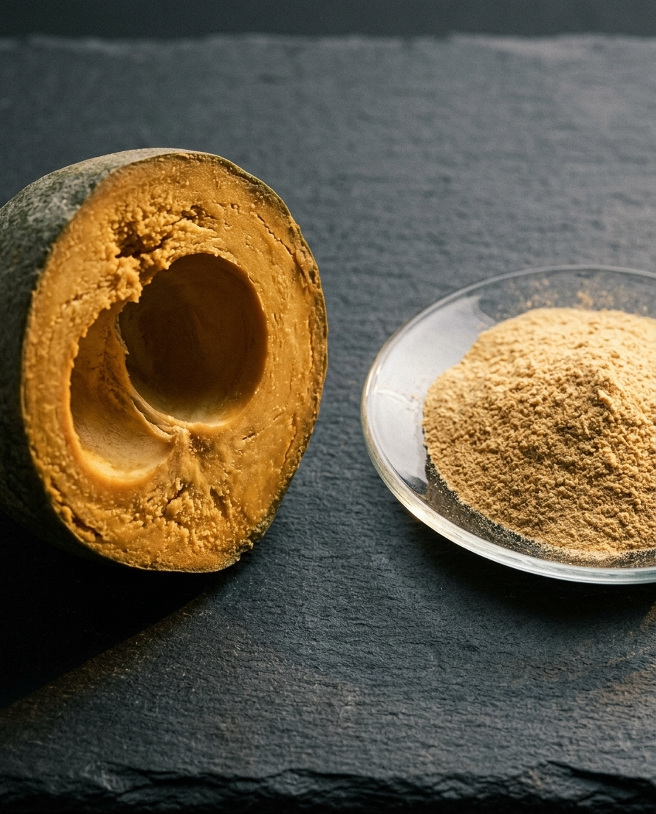 Lucuma close-up — dehydrated powder and fresh fruit, Lima & Ayacucho inter-Andean valleys, Peru