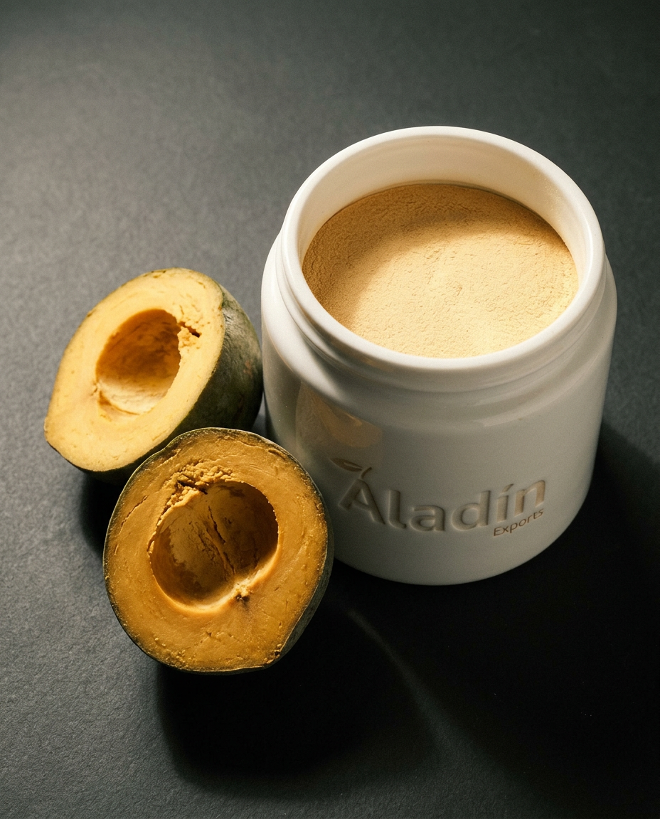 Lucuma export sample — powder and frozen pulp presentation, Aladin Exports