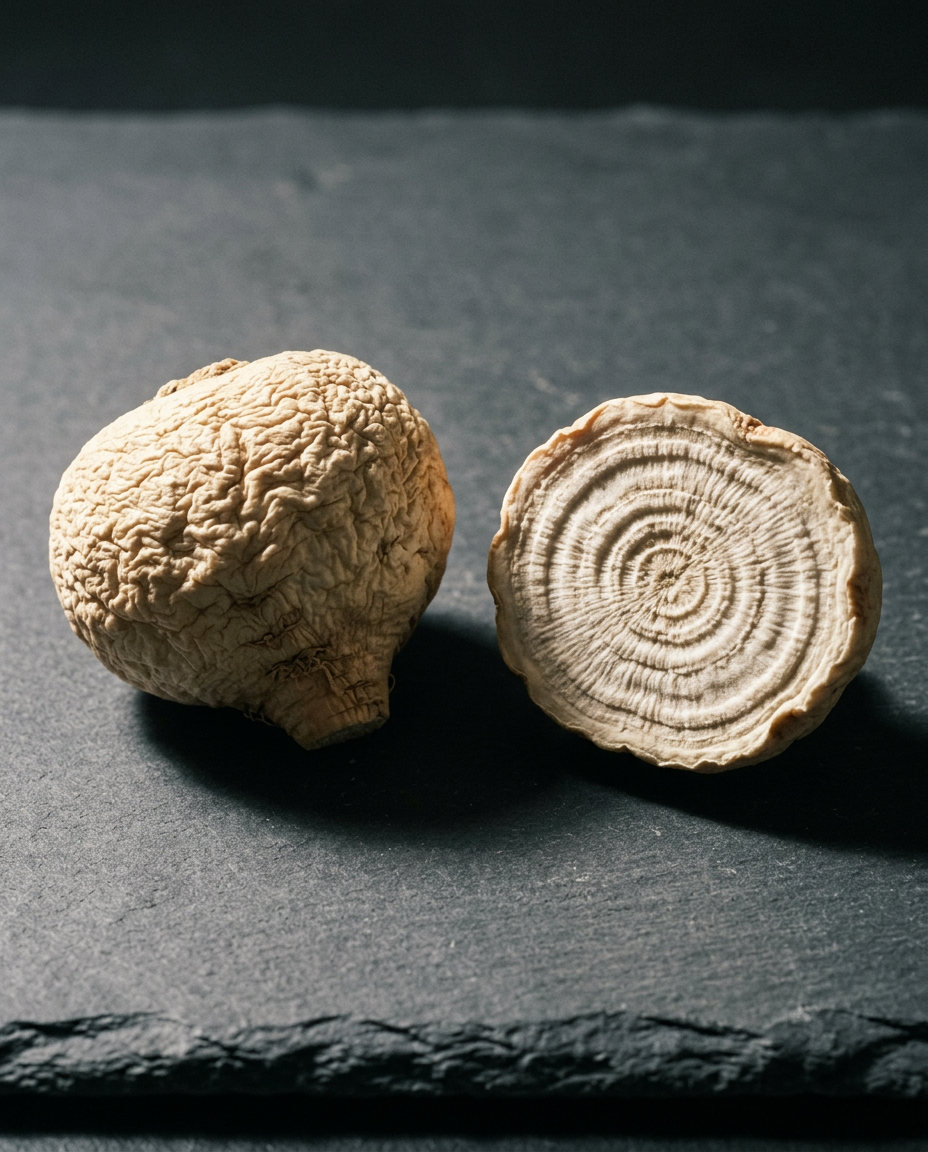 Maca root close-up — gelatinized powder and dried root, Junin & Pasco, High Andes Peru