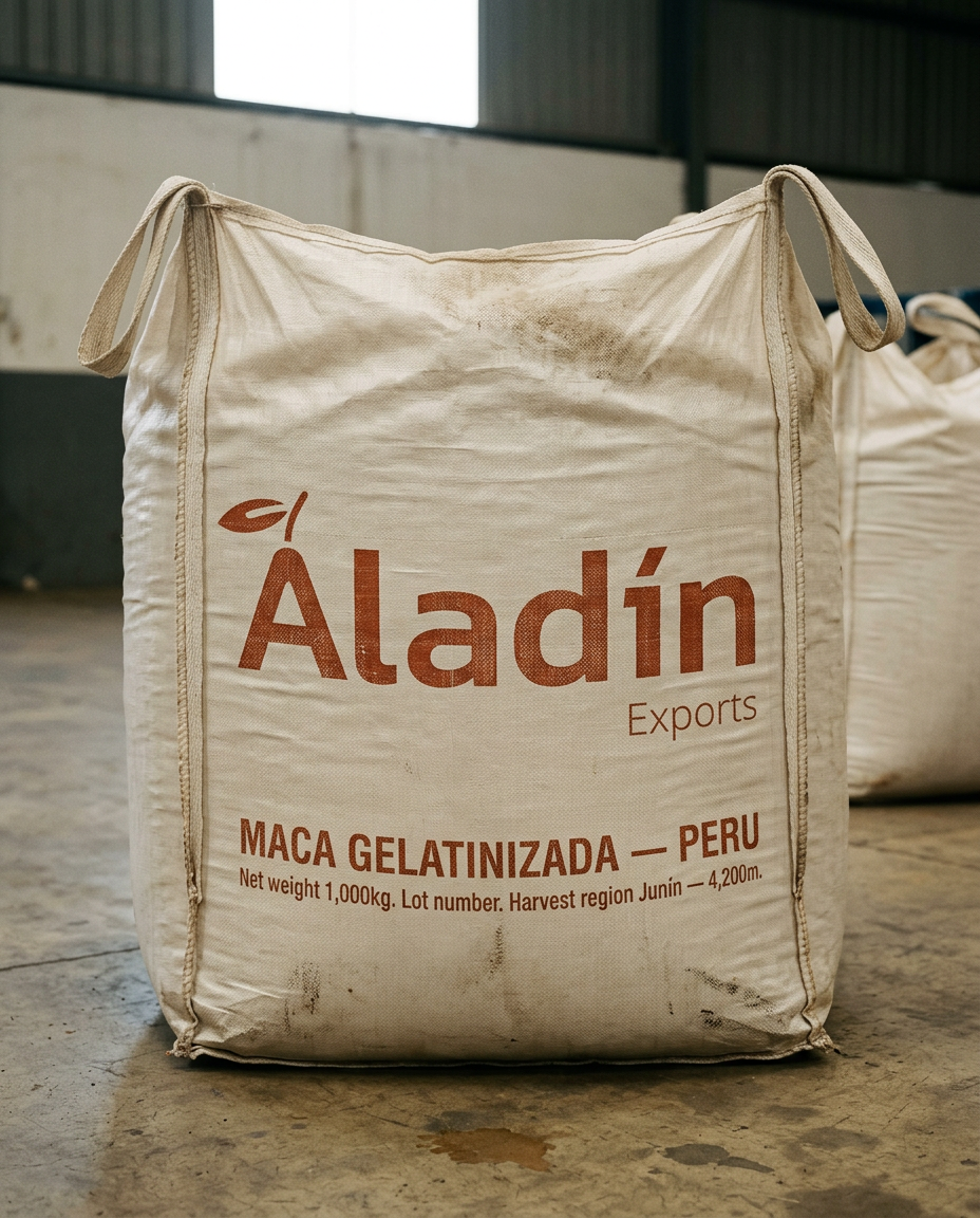 Maca root product specimen 2 — gelatinized powder and raw root comparison