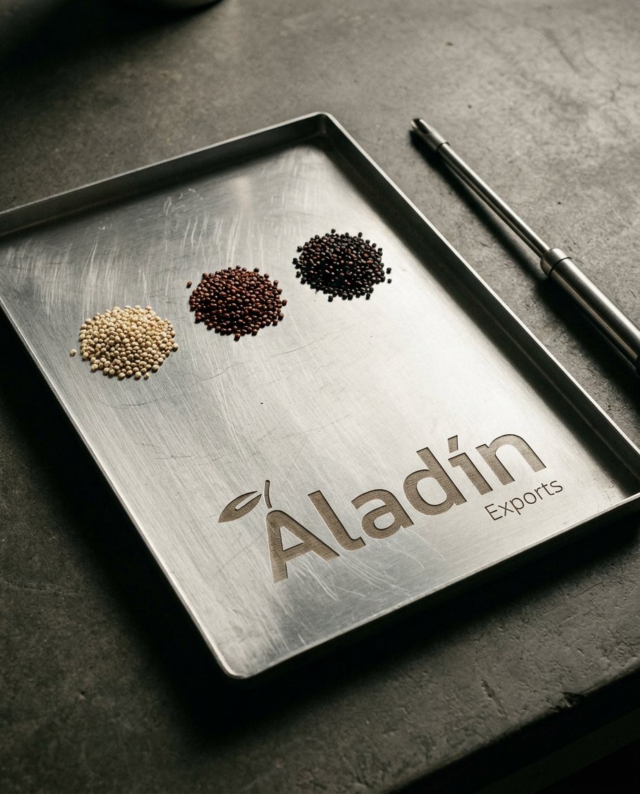 Quinoa export sample — variety presentation White, Red and Black, Aladin Exports