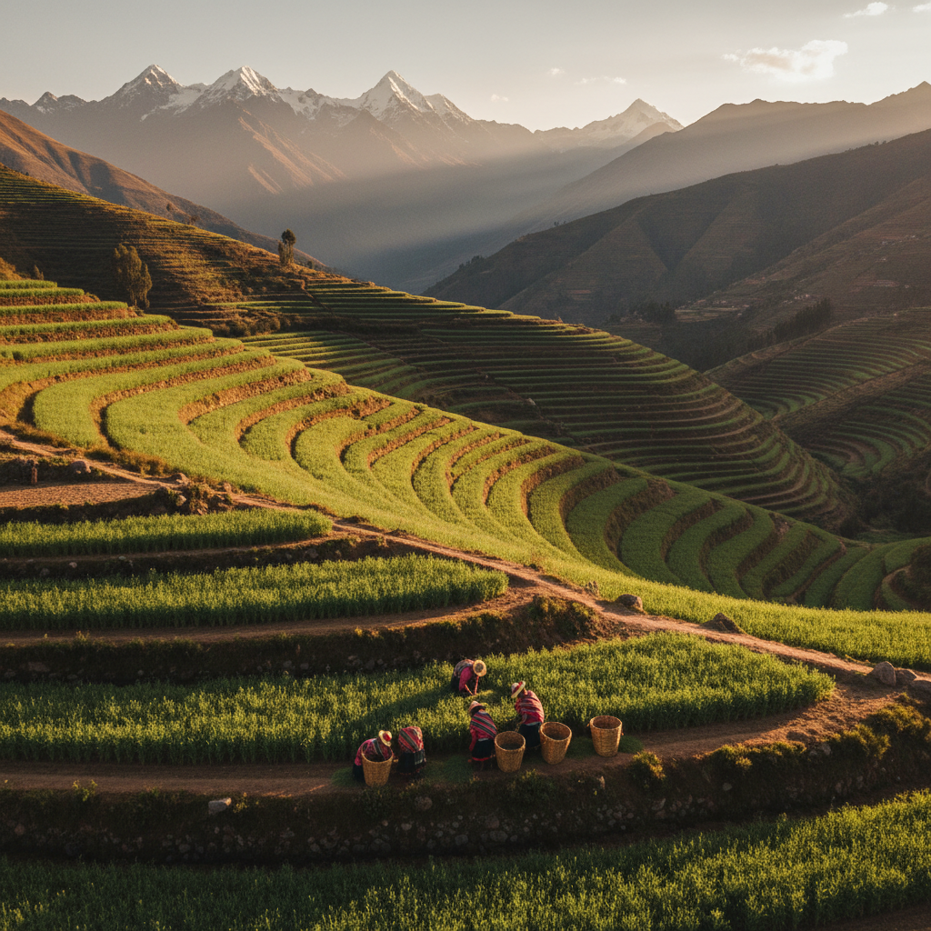 Sweeping aerial view of terraced Peruvian agricultural fields in the Andes at golden hour