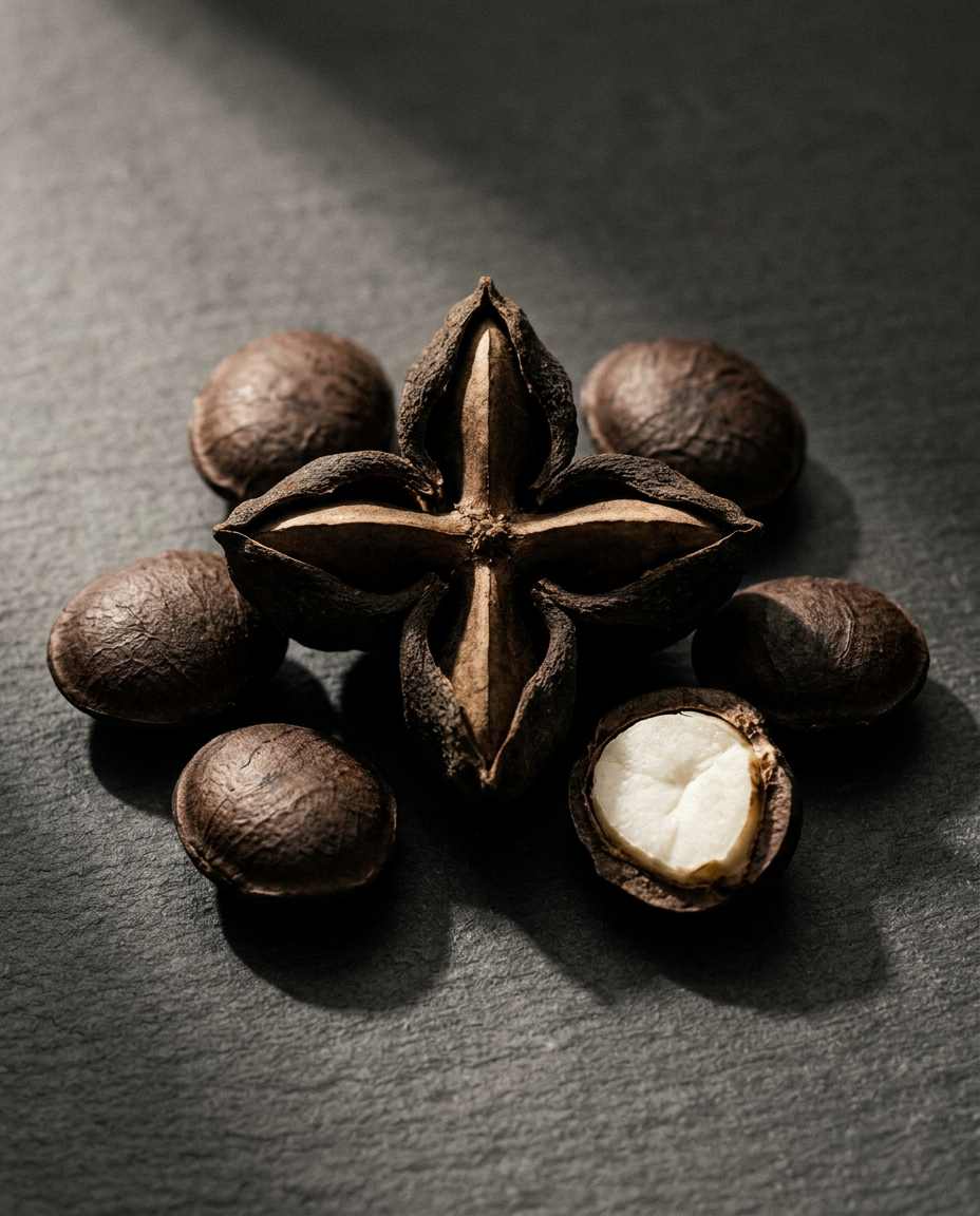 Sacha inchi seeds close-up — omega-3 rich, San Martin Amazonian lowlands, Peru